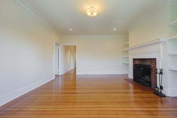 Empty room, Fireplace, Interior, Recessed Lighting, Wood Texture Flooring