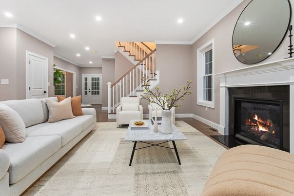 Fireplace, Interior, Living room, Recessed Lighting, Wood Texture Flooring