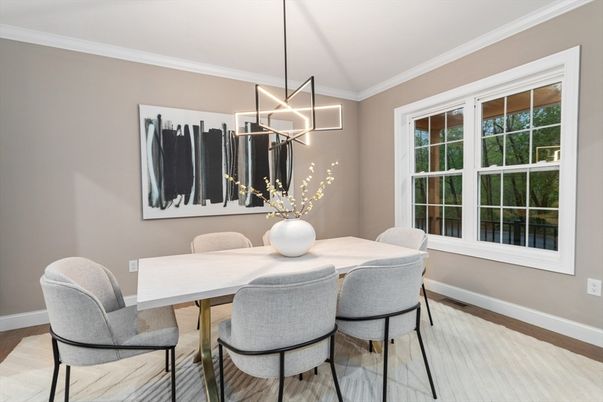 Dining room, Interior, Pendant Lights, Wood Texture Flooring