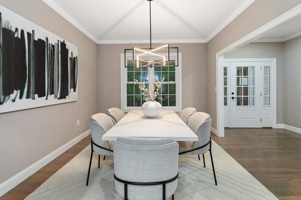 Dining room, Interior, Pendant Lights, Wood Texture Flooring