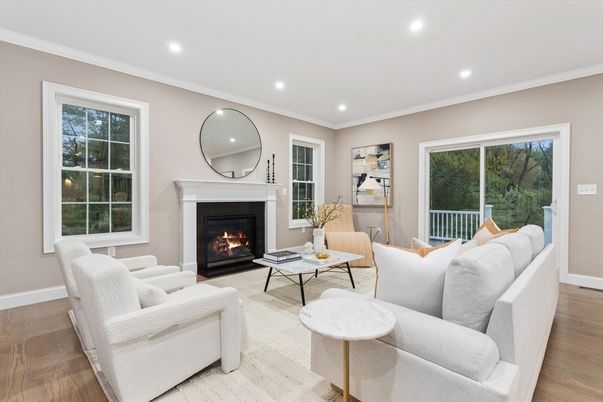Fireplace, Interior, Living room, Recessed Lighting, Wood Texture Flooring