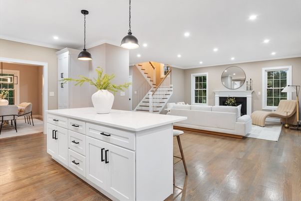 Dining room, Fireplace, Interior, Living room, Pendant Lights, Recessed Lighting, Wood Texture Flooring