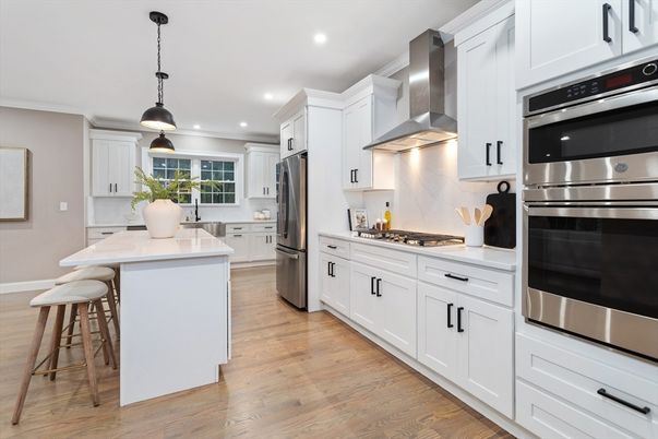 Interior, Kitchen, Pendant Lights, Recessed Lighting, Stainless Steel Appliances, Wood Texture Flooring