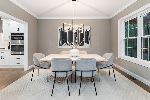 Dining room, Interior, Kitchen, Pendant Lights, Stainless Steel Appliances, Wood Texture Flooring
