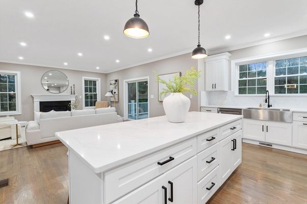 Fireplace, Interior, Kitchen, Living room, Pendant Lights, Recessed Lighting, Stainless Steel Appliances, Wood Texture Flooring