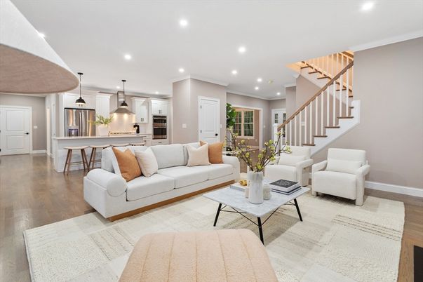 Interior, Kitchen, Living room, Pendant Lights, Recessed Lighting, Stainless Steel Appliances, Wood Texture Flooring