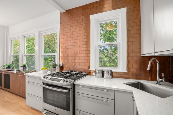 Interior, Kitchen, Stainless Steel Appliances, Stone Walls, Wood Texture Flooring