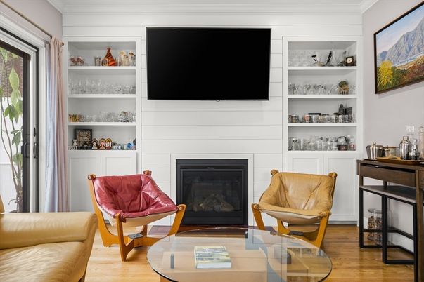 Fireplace, Interior, Living room, Recessed Lighting, Wood Texture Flooring