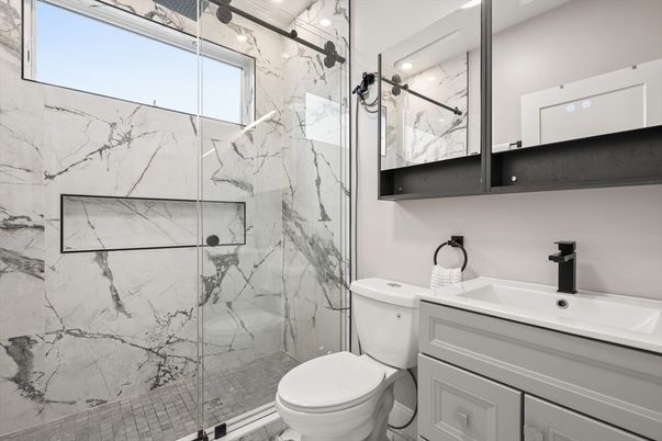 Bathroom, Glass Shower, Interior, Marble Walls