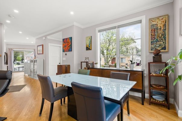 Dining room, Fireplace, Interior, Living room, Recessed Lighting, Wood Texture Flooring