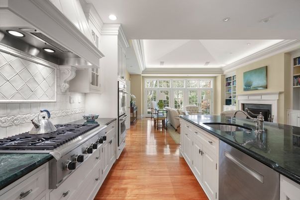 Dining room, Fireplace, Interior, Kitchen, Living room, Recessed Lighting, Stainless Steel Appliances, Wood Texture Flooring
