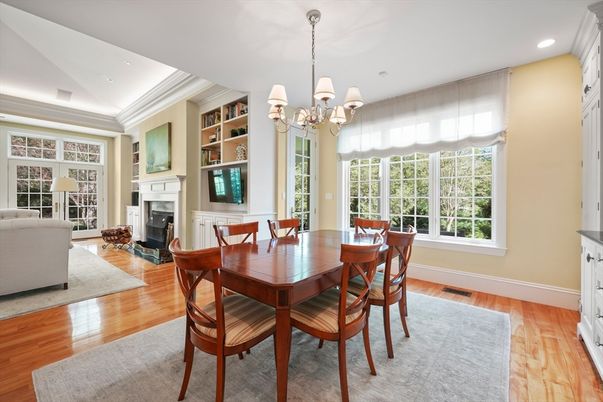 Chandelier, Dining room, Fireplace, Interior, Living room, Recessed Lighting, Wood Texture Flooring