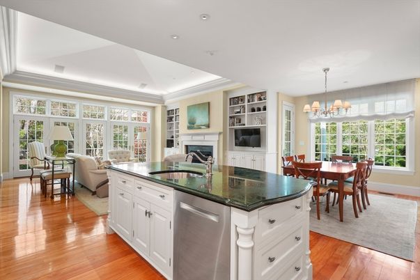 Chandelier, Dining room, Fireplace, Interior, Kitchen, Living room, Recessed Lighting, Wood Texture Flooring
