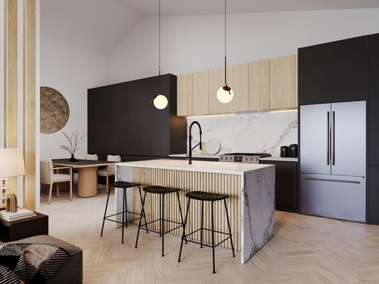 Dining room, Interior, Kitchen, Marble Walls, Pendant Lights, Wood Texture Flooring