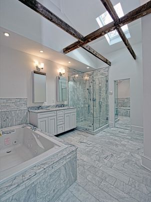 Bathroom, Dual Sink Vanities, Glass Shower, Interior, Marble, Recessed Lighting