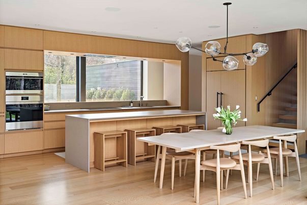 Dining room, Interior, Kitchen, Pendant Lights, Recessed Lighting, Stainless Steel Appliances, Wood Texture Flooring