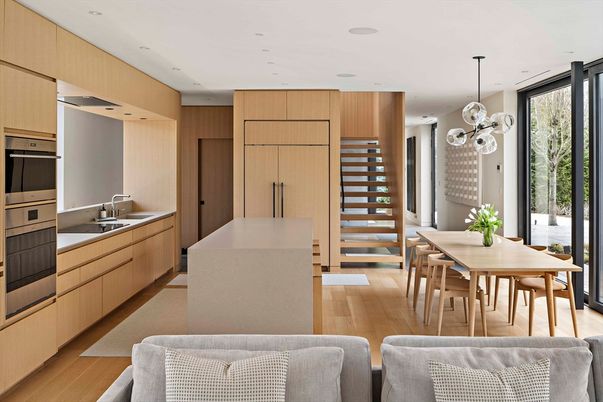 Dining room, Interior, Kitchen, Pendant Lights, Recessed Lighting, Stainless Steel Appliances, Wood Texture Flooring