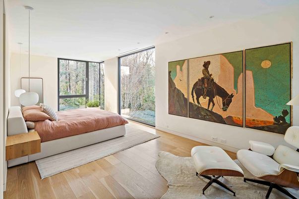 Bedroom, Interior, Pendant Lights, Wood Texture Flooring