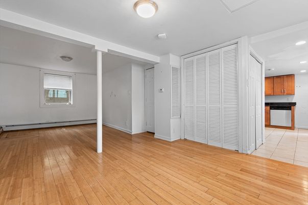 Empty room, Interior, Kitchen, Recessed Lighting, Wood Texture Flooring