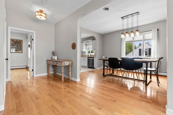 Dining room, Interior, Pendant Lights, Wood Texture Flooring
