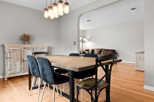 Dining room, Interior, Pendant Lights, Wood Texture Flooring