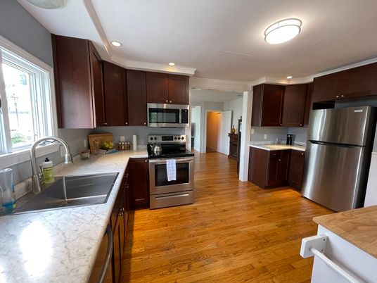 Interior, Kitchen, Recessed Lighting, Stainless Steel Appliances, Wood Texture Flooring