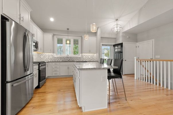 Interior, Kitchen, Pendant Lights, Recessed Lighting, Stainless Steel Appliances, Wood Texture Flooring