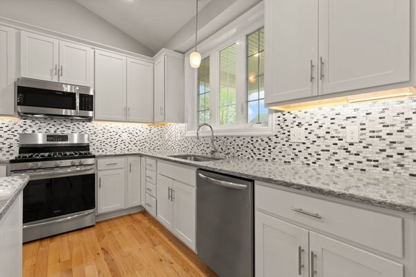 Interior, Kitchen, Pendant Lights, Recessed Lighting, Stainless Steel Appliances, Wood Texture Flooring