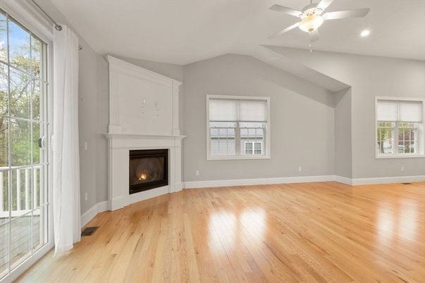 Empty room, Fireplace, Interior, Recessed Lighting, Wood Texture Flooring