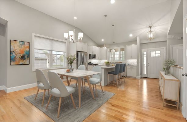 Chandelier, Dining room, Interior, Kitchen, Pendant Lights, Recessed Lighting, Stainless Steel Appliances, Wood Texture Flooring