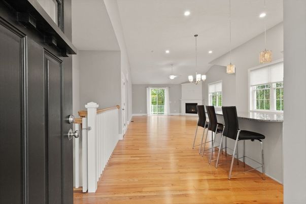 Fireplace, Interior, Pendant Lights, Recessed Lighting, Wood Texture Flooring