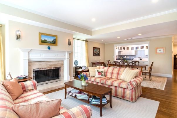 Dining room, Fireplace, Interior, Living room, Recessed Lighting, Wood Texture Flooring