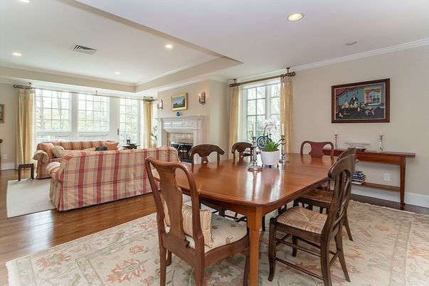 Dining room, Fireplace, Interior, Living room, Recessed Lighting, Wood Texture Flooring