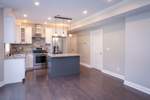 Interior, Kitchen, Pendant Lights, Recessed Lighting, Stainless Steel Appliances, Wood Texture Flooring