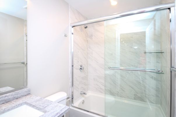 Bathroom, Glass Shower, Interior, Marble Walls, Recessed Lighting