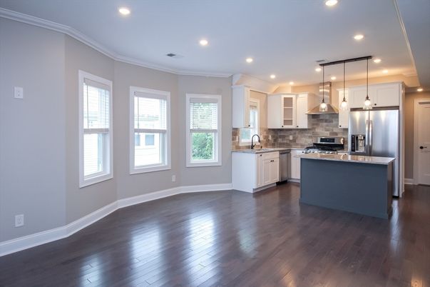 Interior, Kitchen, Pendant Lights, Recessed Lighting, Stainless Steel Appliances, Wood Texture Flooring
