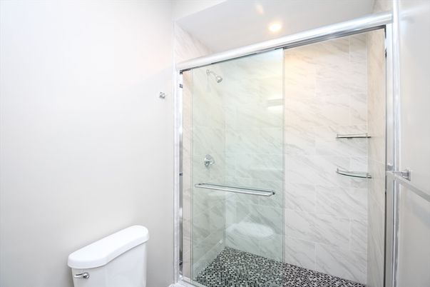 Bathroom, Glass Shower, Interior, Marble Walls, Recessed Lighting