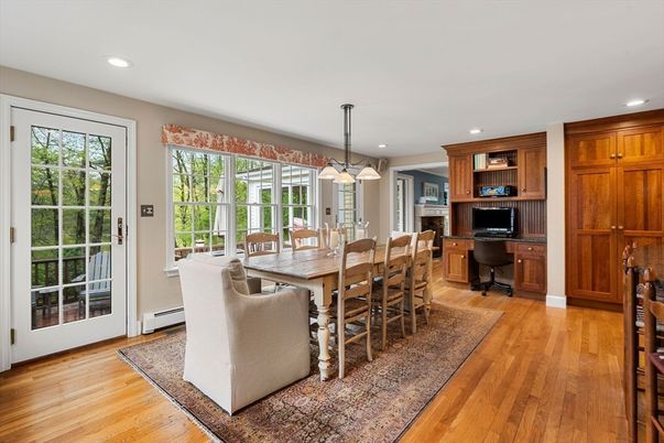 Dining room, Interior, Pendant Lights, Recessed Lighting, Wood Texture Flooring
