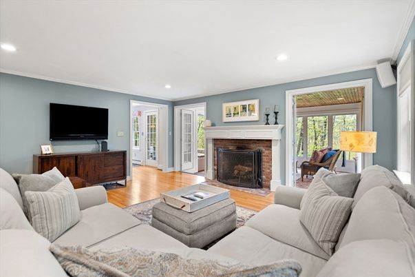 Fireplace, Interior, Living room, Recessed Lighting, Wood Texture Flooring