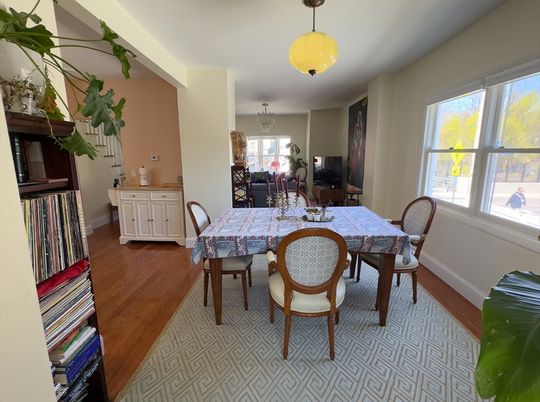Dining room, Interior, Pendant Lights, Wood Texture Flooring
