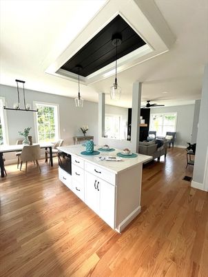 Dining room, Interior, Living room, Pendant Lights, Wood Texture Flooring
