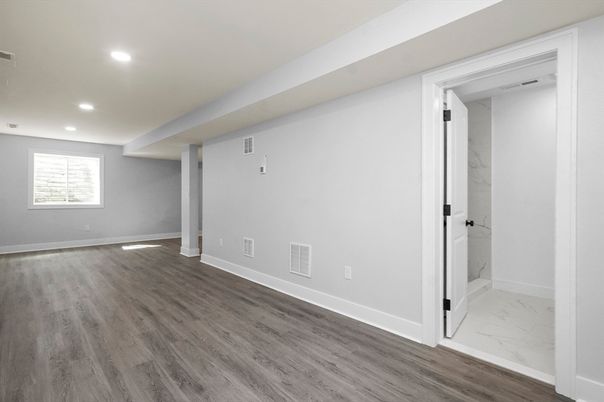 Empty room, Interior, Marble, Recessed Lighting, Wood Texture Flooring