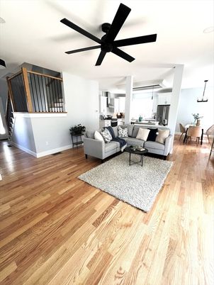 Dining room, Interior, Kitchen, Living room, Pendant Lights, Stainless Steel Appliances, Wood Texture Flooring