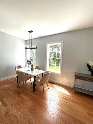 Dining room, Interior, Pendant Lights, Wood Texture Flooring