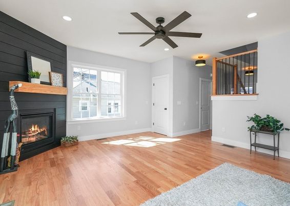 Empty room, Fireplace, Interior, Recessed Lighting, Wood Texture Flooring