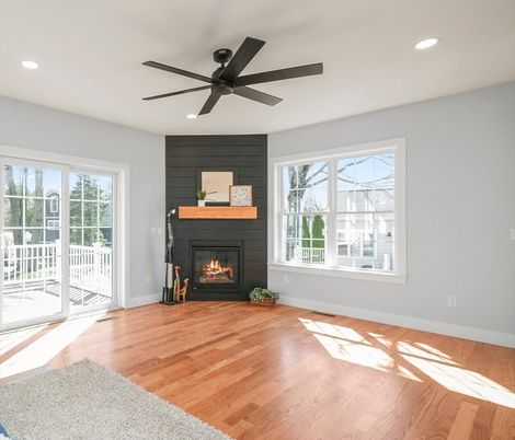 Empty room, Fireplace, Interior, Recessed Lighting, Wood Texture Flooring