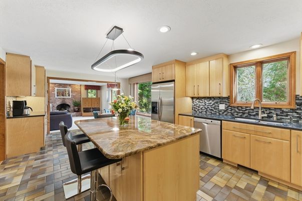 Dining room, Fireplace, Interior, Kitchen, Pendant Lights, Recessed Lighting, Stainless Steel Appliances