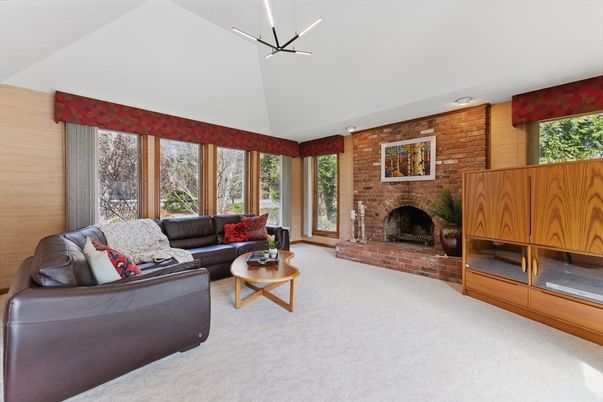 Fireplace, Interior, Living room, Pendant Lights, Stone Walls