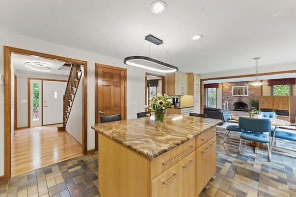 Dining room, Fireplace, Interior, Kitchen, Pendant Lights, Recessed Lighting, Stone Walls