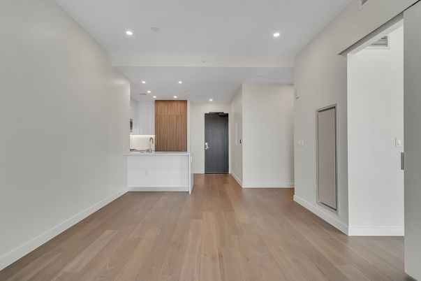Empty room, Interior, Kitchen, Recessed Lighting, Wood Texture Flooring